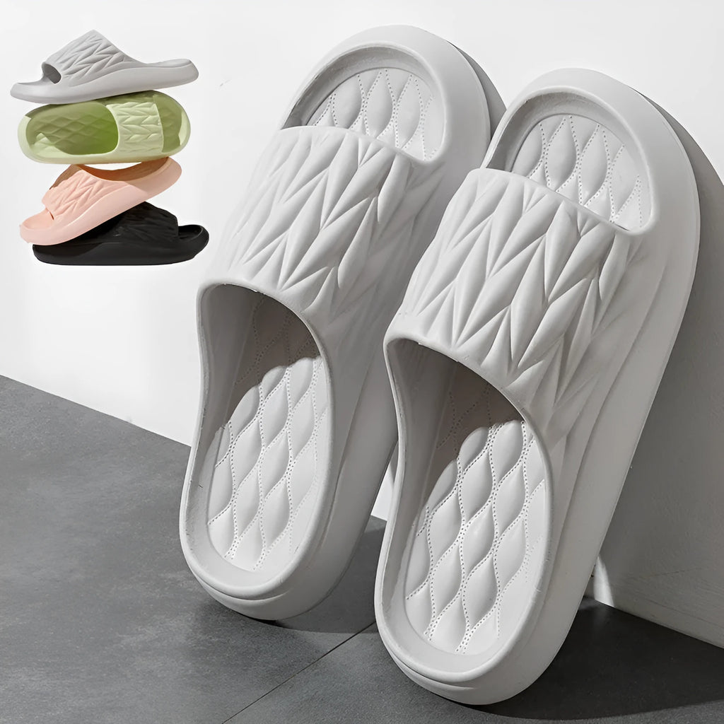 Leaf texture design EVA slippers in multiple colours showing non-slip patterned sole