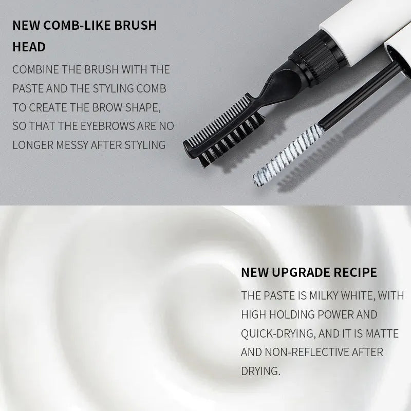 Brush applicator of pink and white eyebrow shaping gel for natural, long-lasting brows.