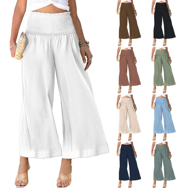 Women's high-waist straight-leg cropped trousers in a cotton linen blend, shown in apricot colour.