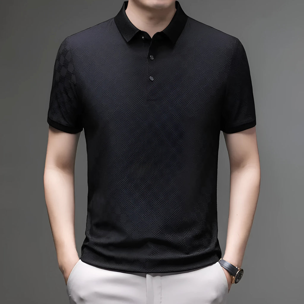 Rhombus pattern thin ice silk short sleeve t-shirt in black, showing split hem design detail.