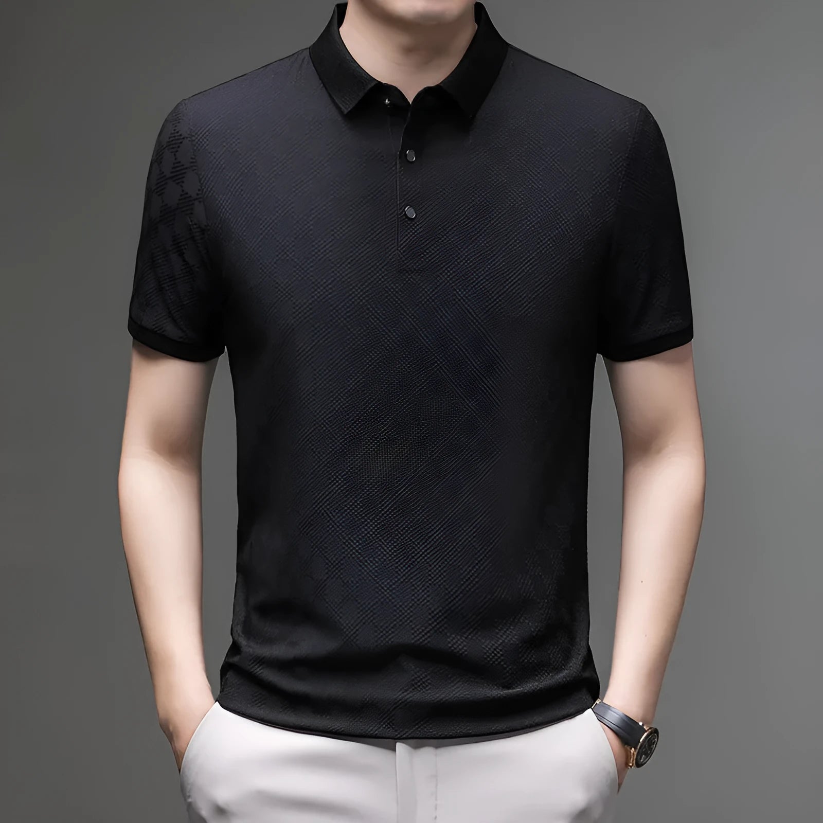Rhombus pattern thin ice silk short sleeve t-shirt in black, showing split hem design detail.