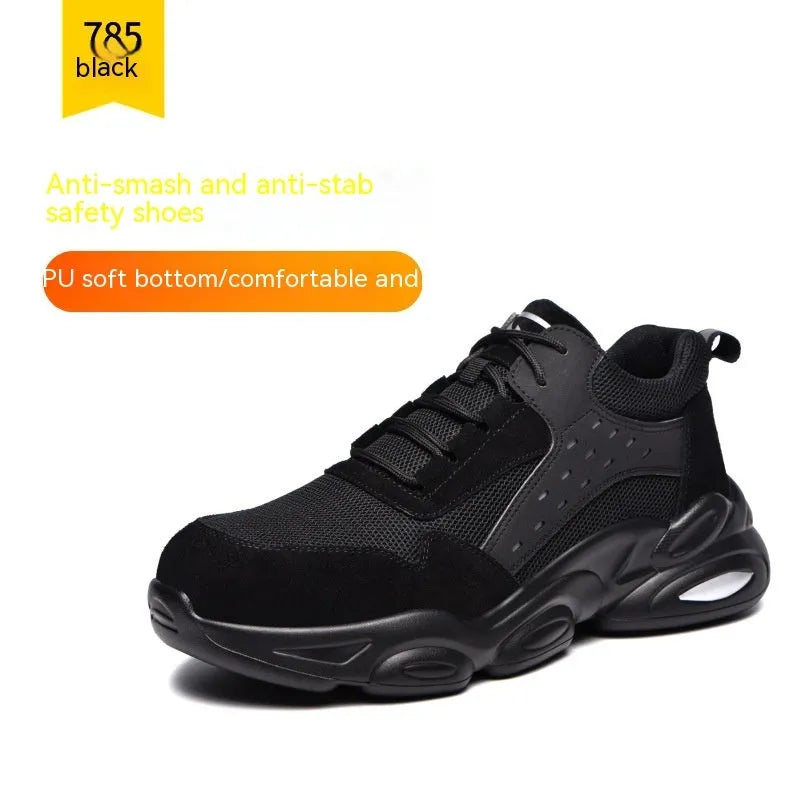 Mesh breathable labour insurance shoes in black, grey, and beige colours with flyknit upper and PU sole