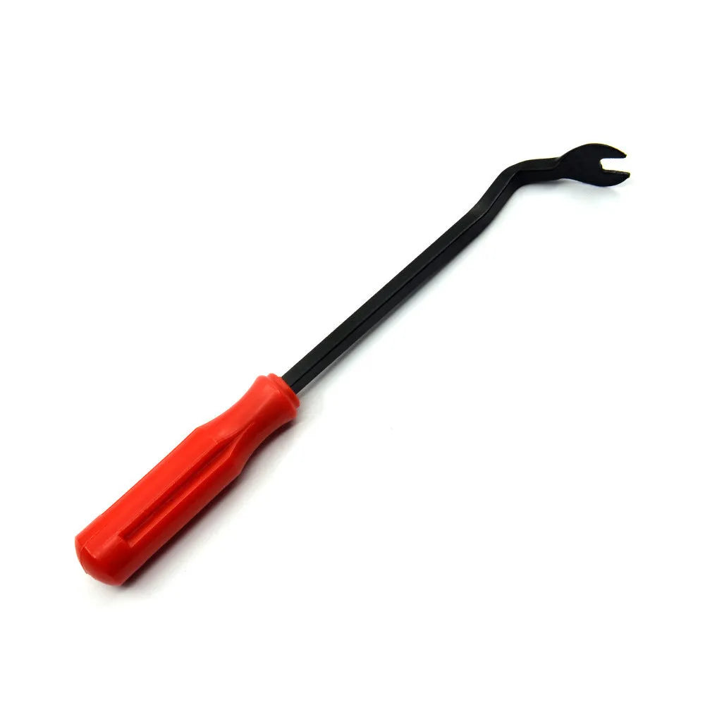 Automotive door panel clip removal tool with horn nailing design and red-handled light switch pliers