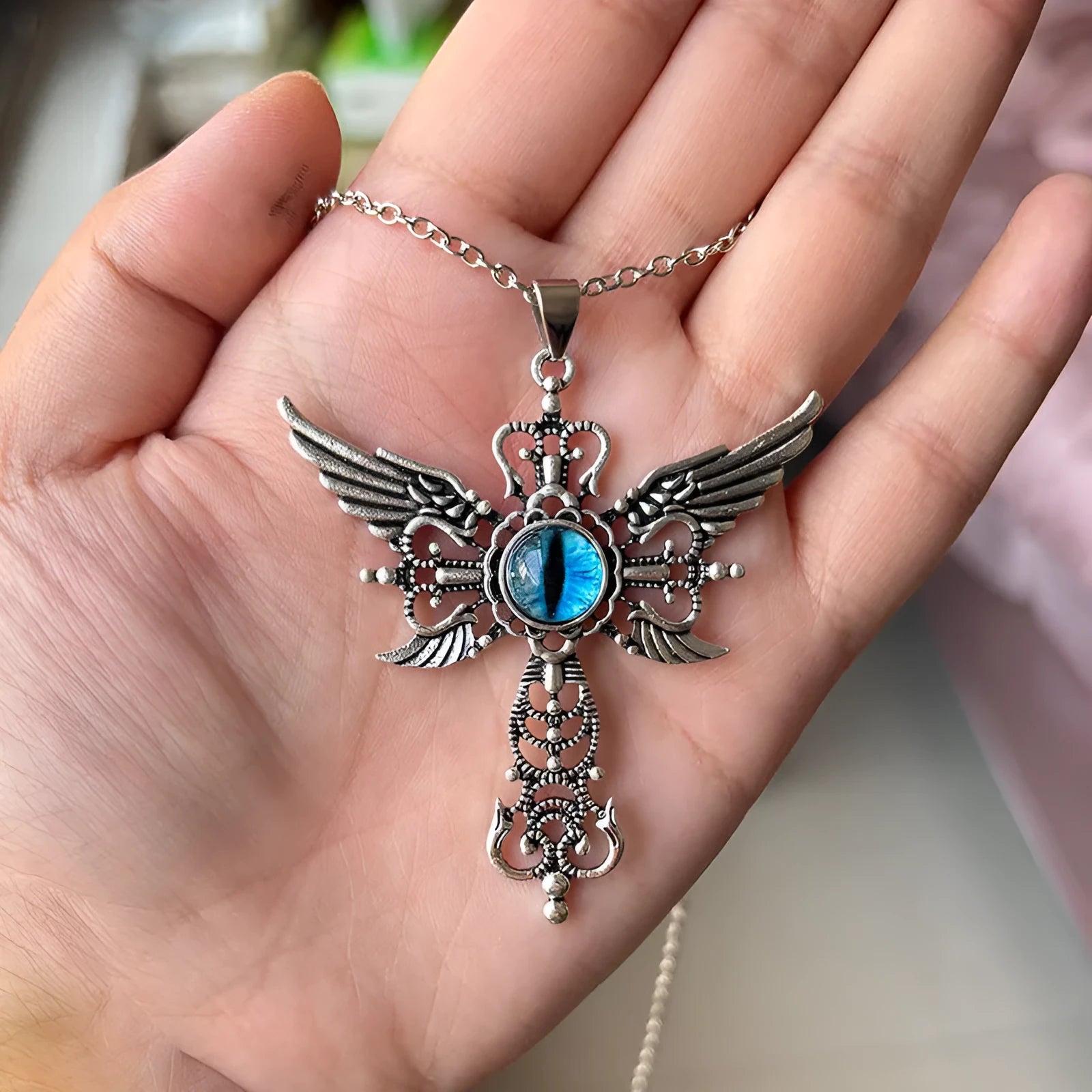 Alloy devil wings and cross geometric pendant necklace in five colour options.