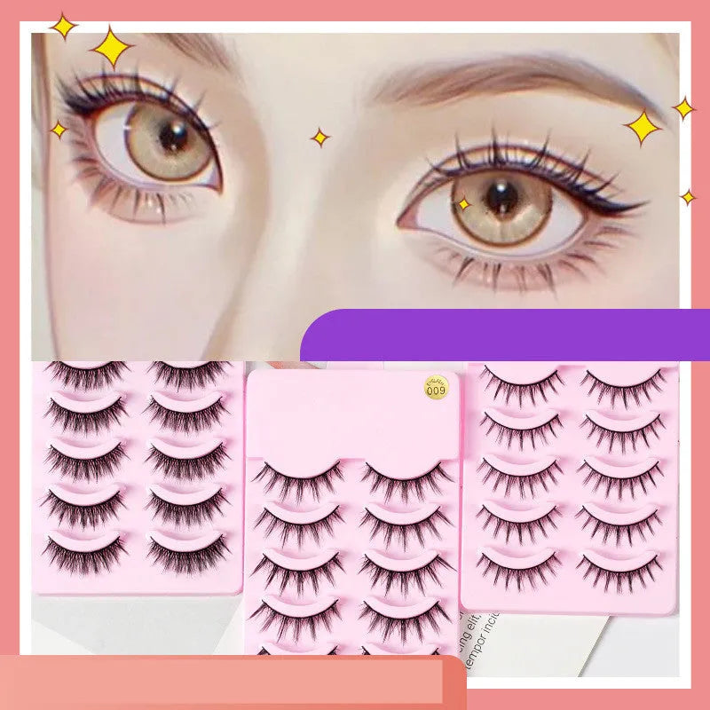 Set of manga anime style false eyelashes showing three styles 007, 008, 009 on a plastic black terrier band.