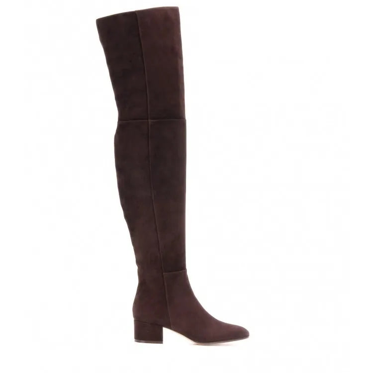 Grey women's suede over the knee flat boots with a chunky rubber sole and pointed toe.