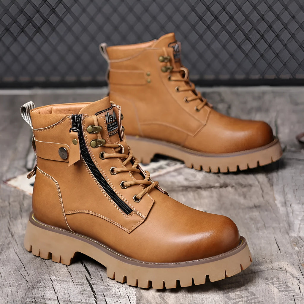 Men's brown leather high-top Martin boots with a side zipper and round toe.