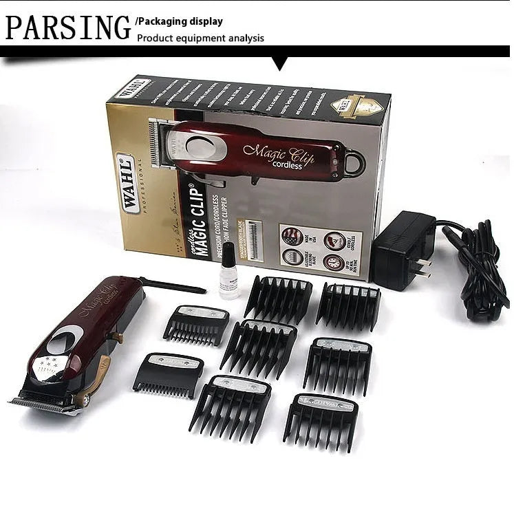Rechargeable hair clipper for adults and children with stainless steel cutter head, showing EU, UK and US plug options.