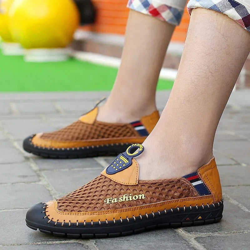 Men's brown casual mesh shoes with round toe and non-slip rubber sole on a white background.