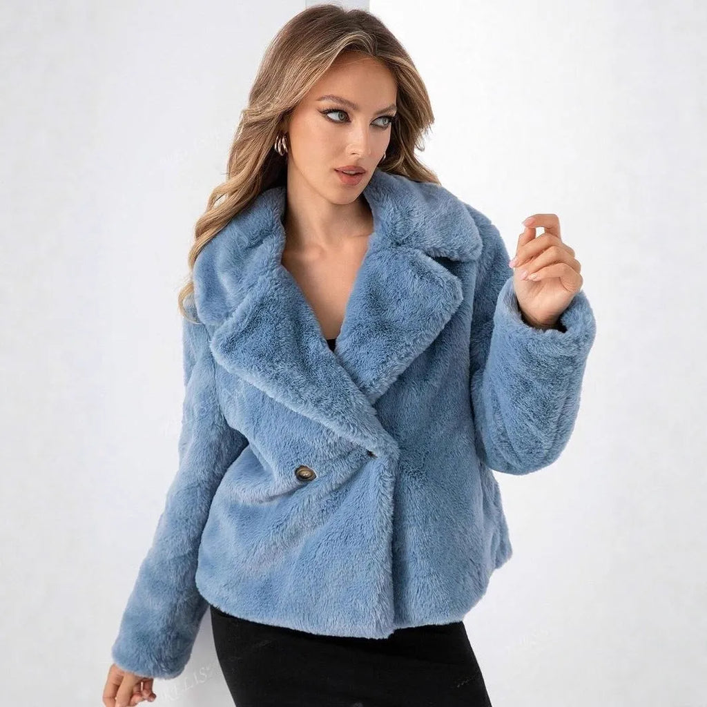 Women's rose red faux fur coat with regular sleeves and 50cm length loose fitting design