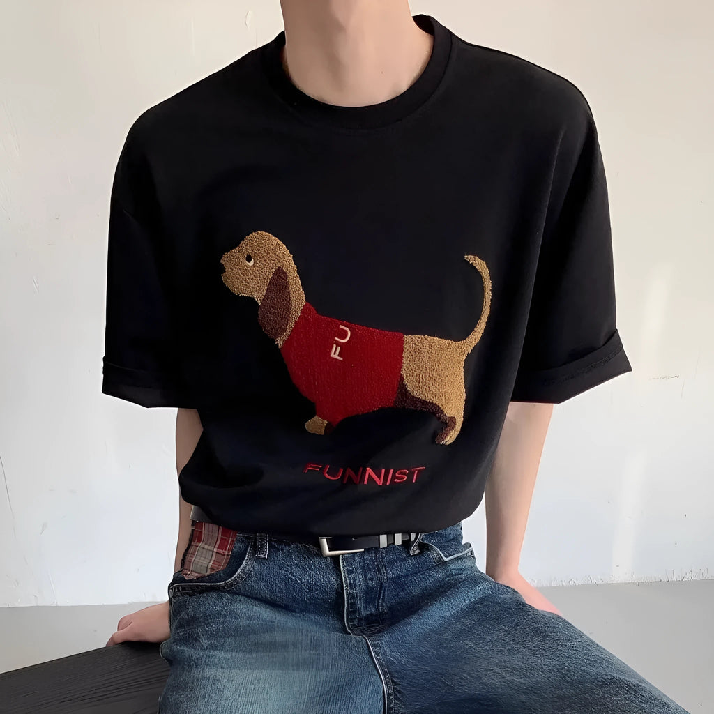 Men's grey cotton T-shirt with embroidered sausage dog towel design on front