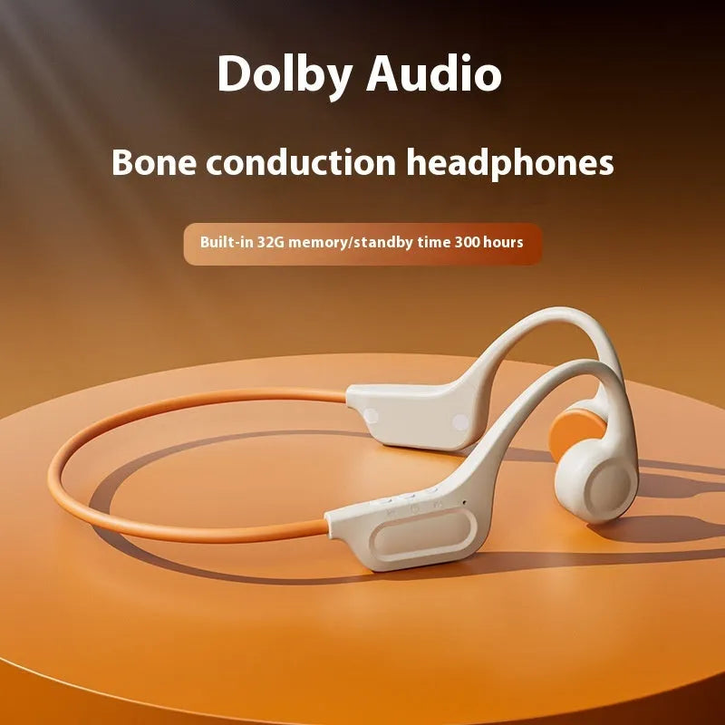 Bone conduction Bluetooth headset in beige orange with ear hook design and 32G memory