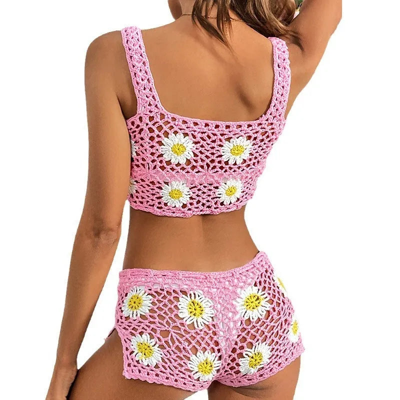 Light green or pink flower pattern swimsuit bikini set with hollow yarn fabric
