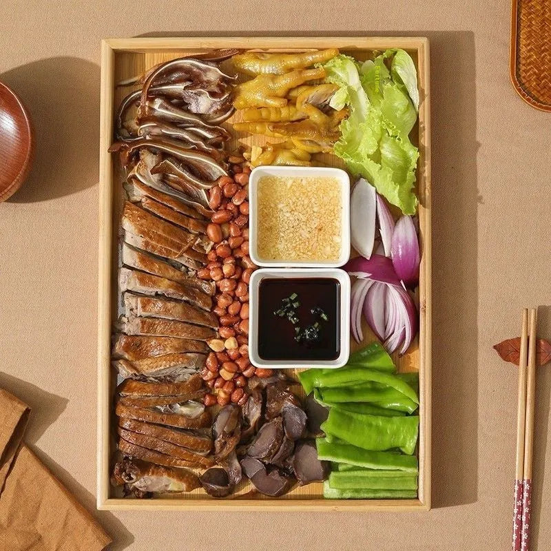 Square bamboo serving tray with brown handle in pastoral style for commercial hospitality use
