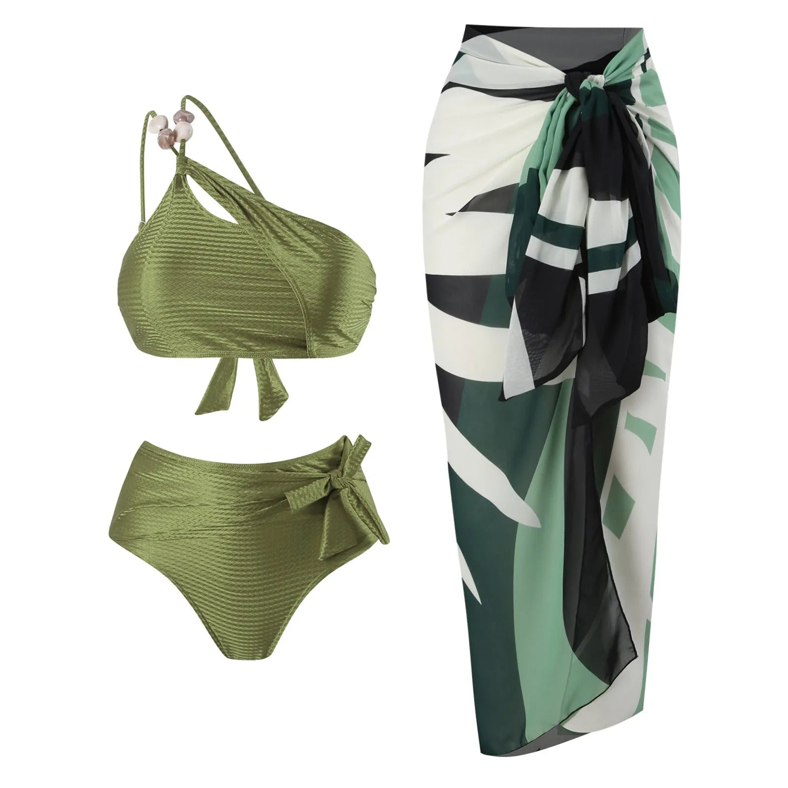Women's brown high-waist push-up bikini with a sheer split chiffon dress overlay.