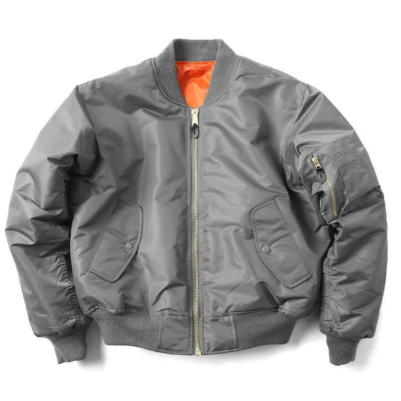 Men's American workwear pilot cotton-padded jacket in army green colour showing loose fit styling