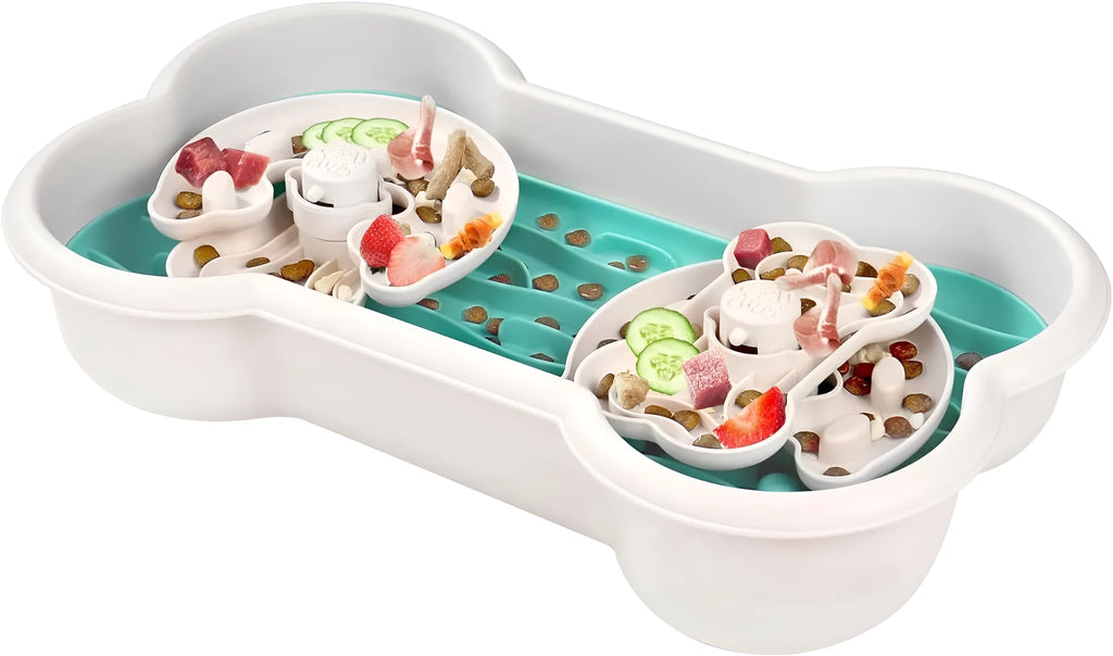 Large green slow feeder dog bowl with three-tier puzzle design for dry and wet food