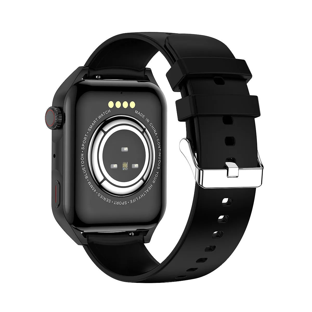 Smart watch with 1.8-inch AMOLED display showing watch face, silicone wrist strap, and magnetic charger