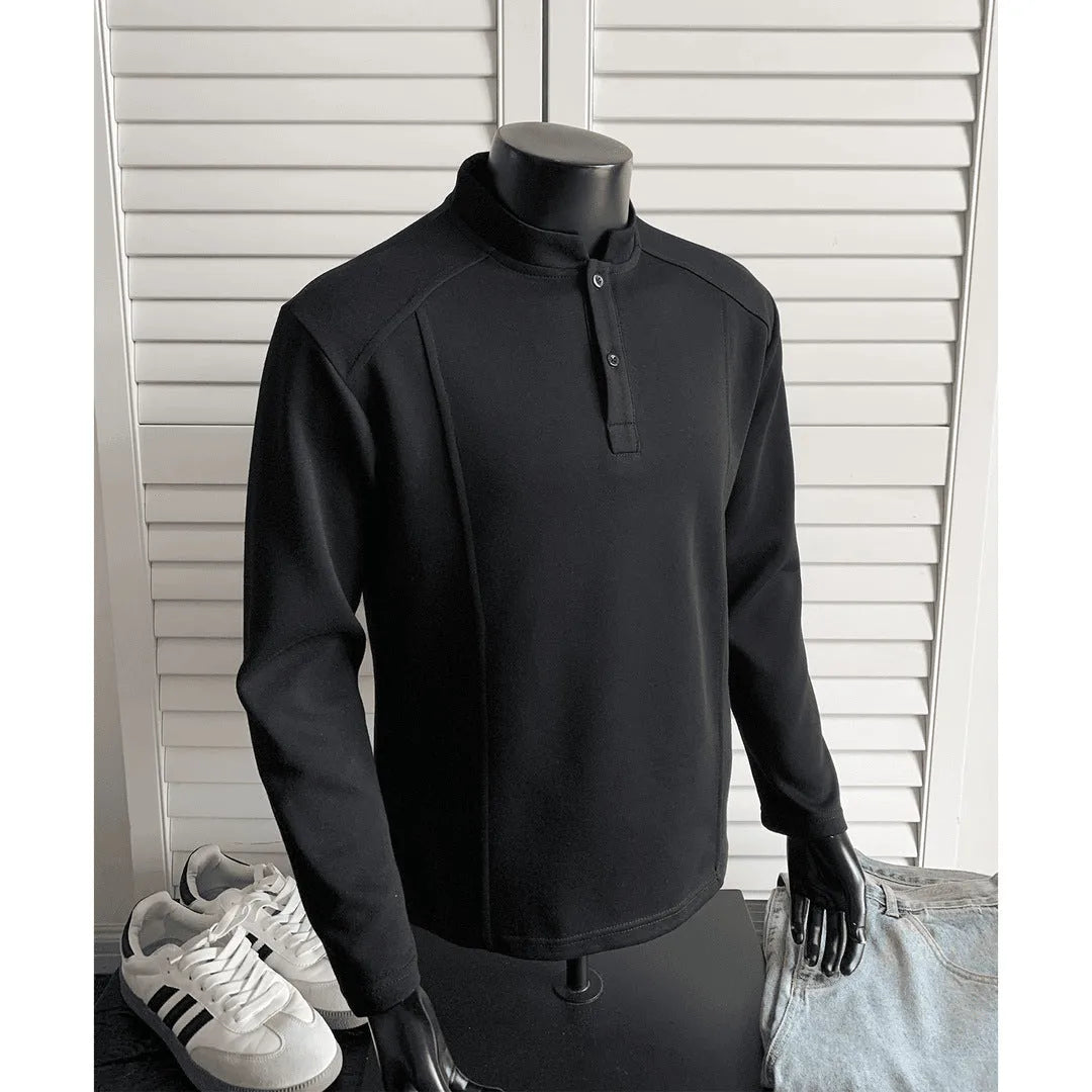 Men's long sleeve polo shirt with stand-up collar and asymmetric patchwork design in loose fitting style