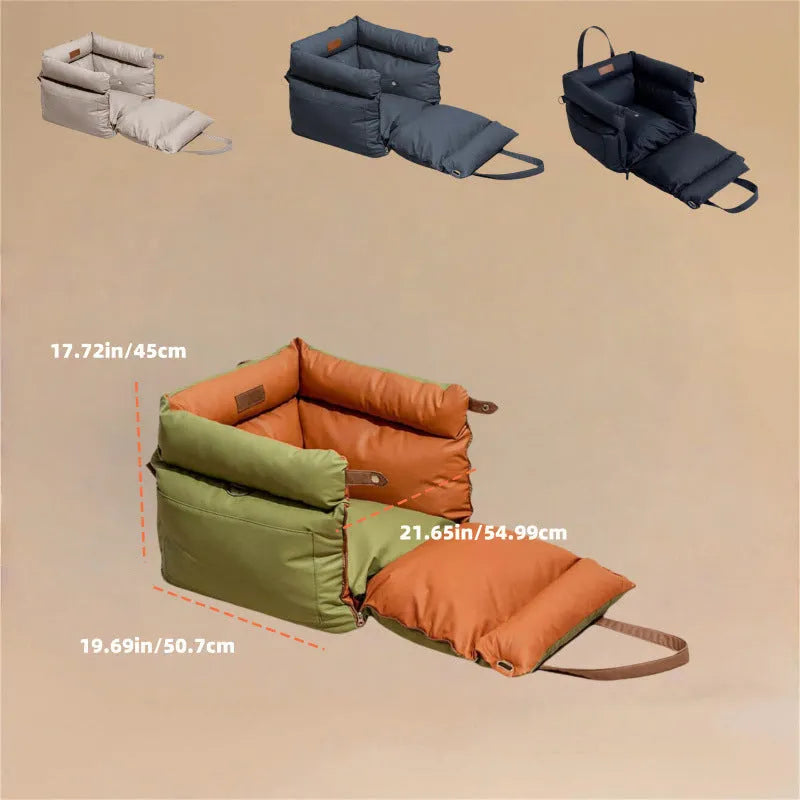 Green waterproof PU leather dog car nest with removable cushion, dimensions 55x50x45 cm.
