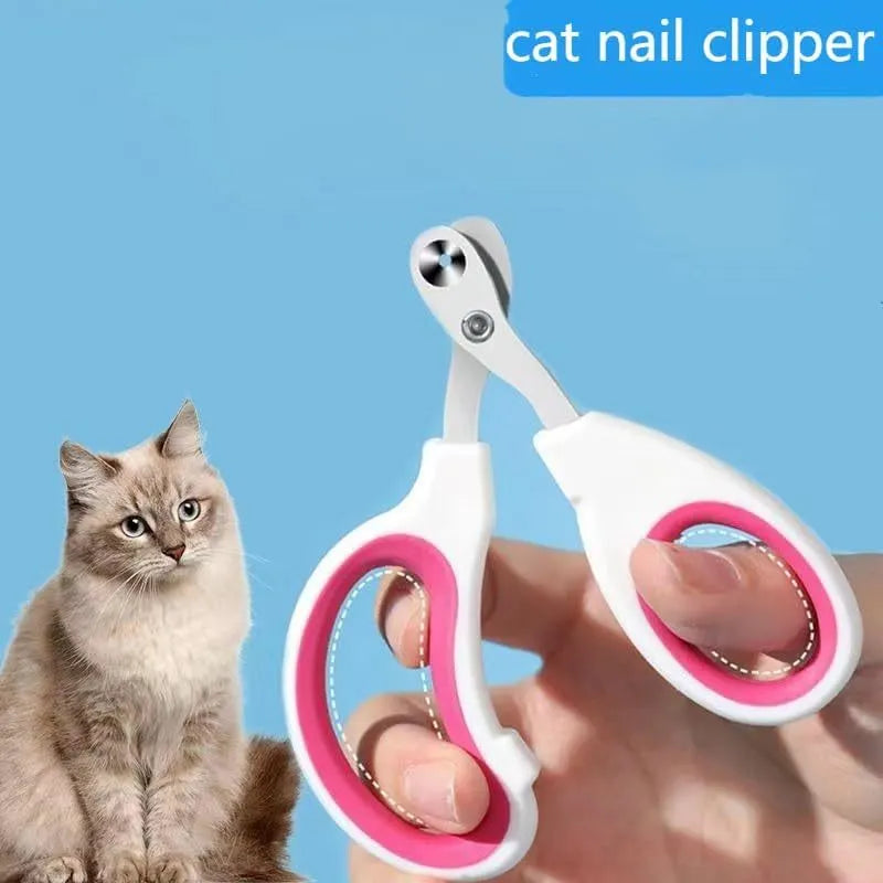 Blue cat nail clippers with circular hole and cushioned handle on a plain background