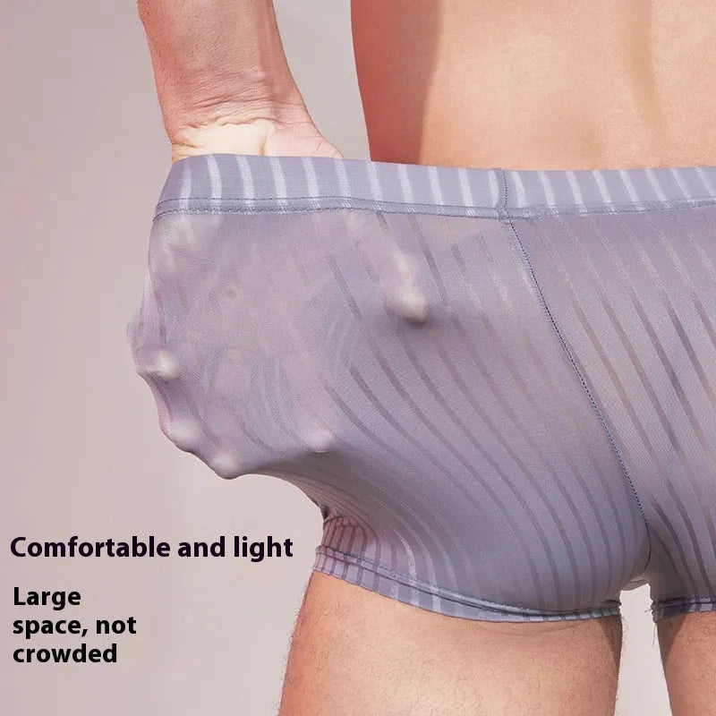Men's striped nylon underwear briefs in black, dark grey, and white colours