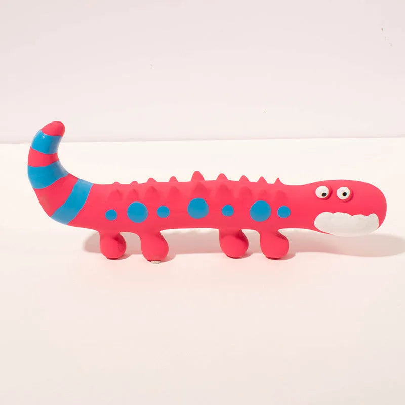 Green lizard-shaped dog chew toy with textured surface for teeth cleaning and squeaker inside