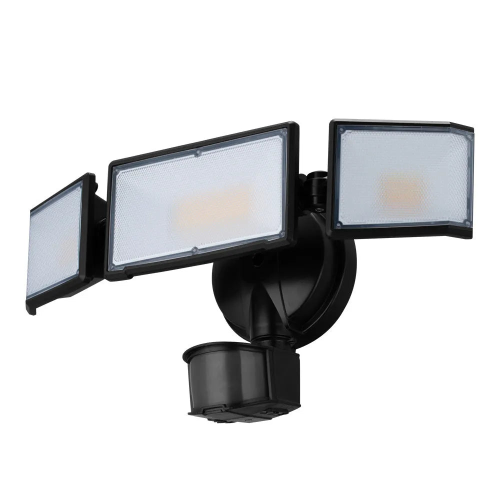 White LED security flood light with motion sensor for wall mounting, showing wide-angle detection.