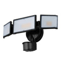 White LED security flood light with motion sensor for wall mounting, showing wide-angle detection.
