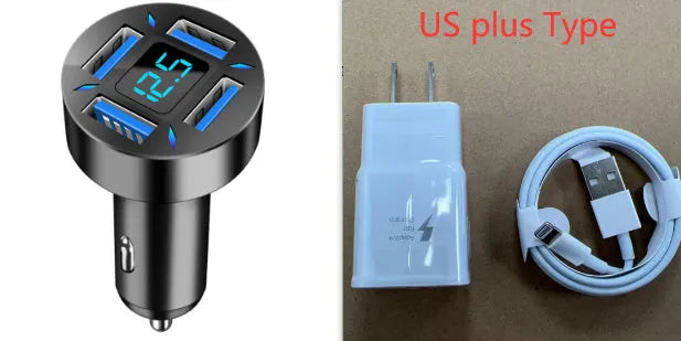 Four-port USB car charger with LED digital display showing charging status