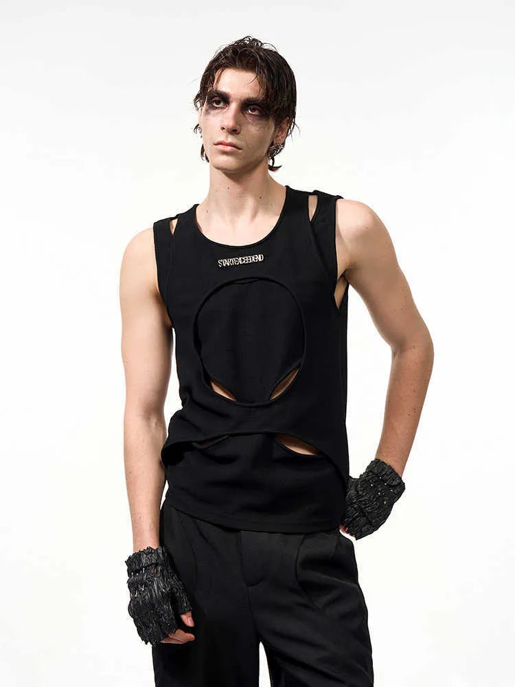 Men's black sleeveless waistcoat vest with hollow knit summer cooling design