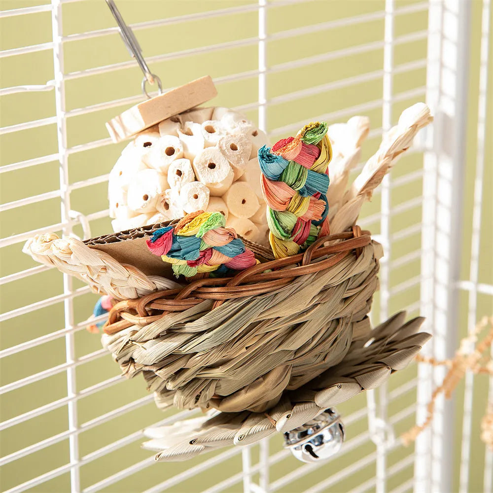Natural wood parrot gnawing toy showing three chewing options for medium and large birds