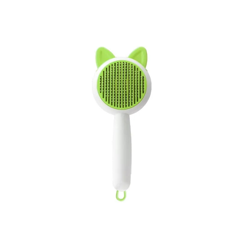 Self-cleaning cat dematting comb grooming tool in greenish white colour with stainless steel tines