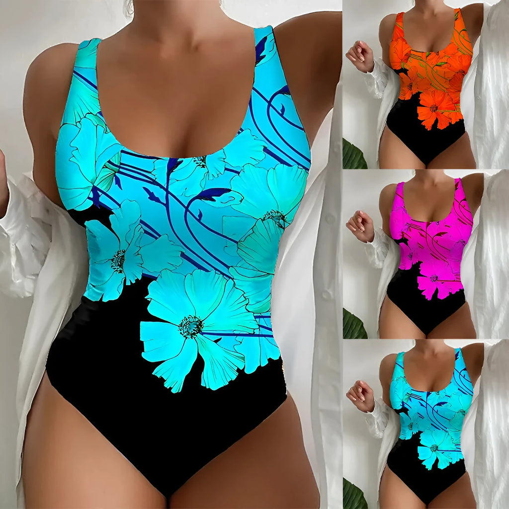 Women's 3D printed one-piece swimsuit in Lycra blend fabric available in orange red, sky blue and purple colours