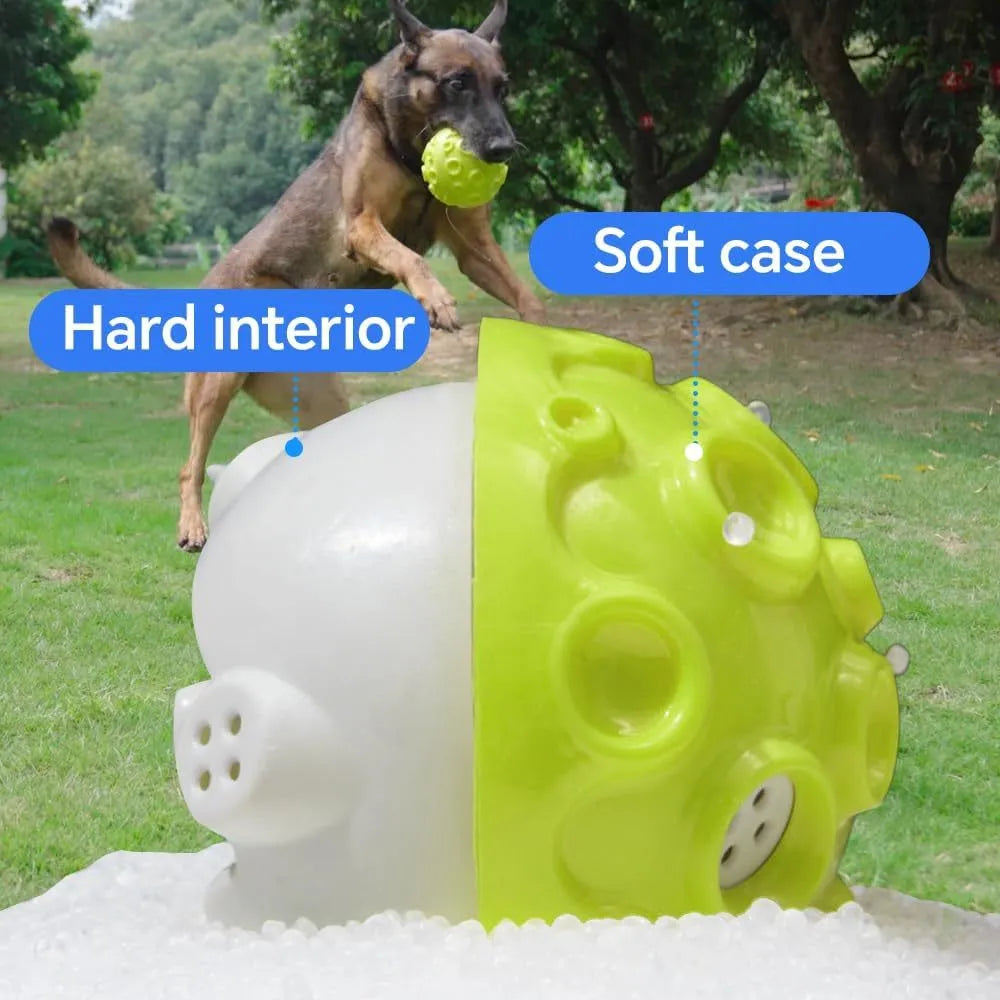 Colourful dog chew ball with textured surface and two-layer rubber construction for aggressive chewers
