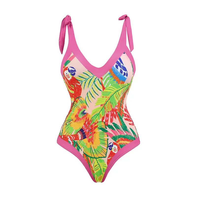 Retro floral print one-piece swimsuit with V-neck, covered belly design and thin skirt in pink colour