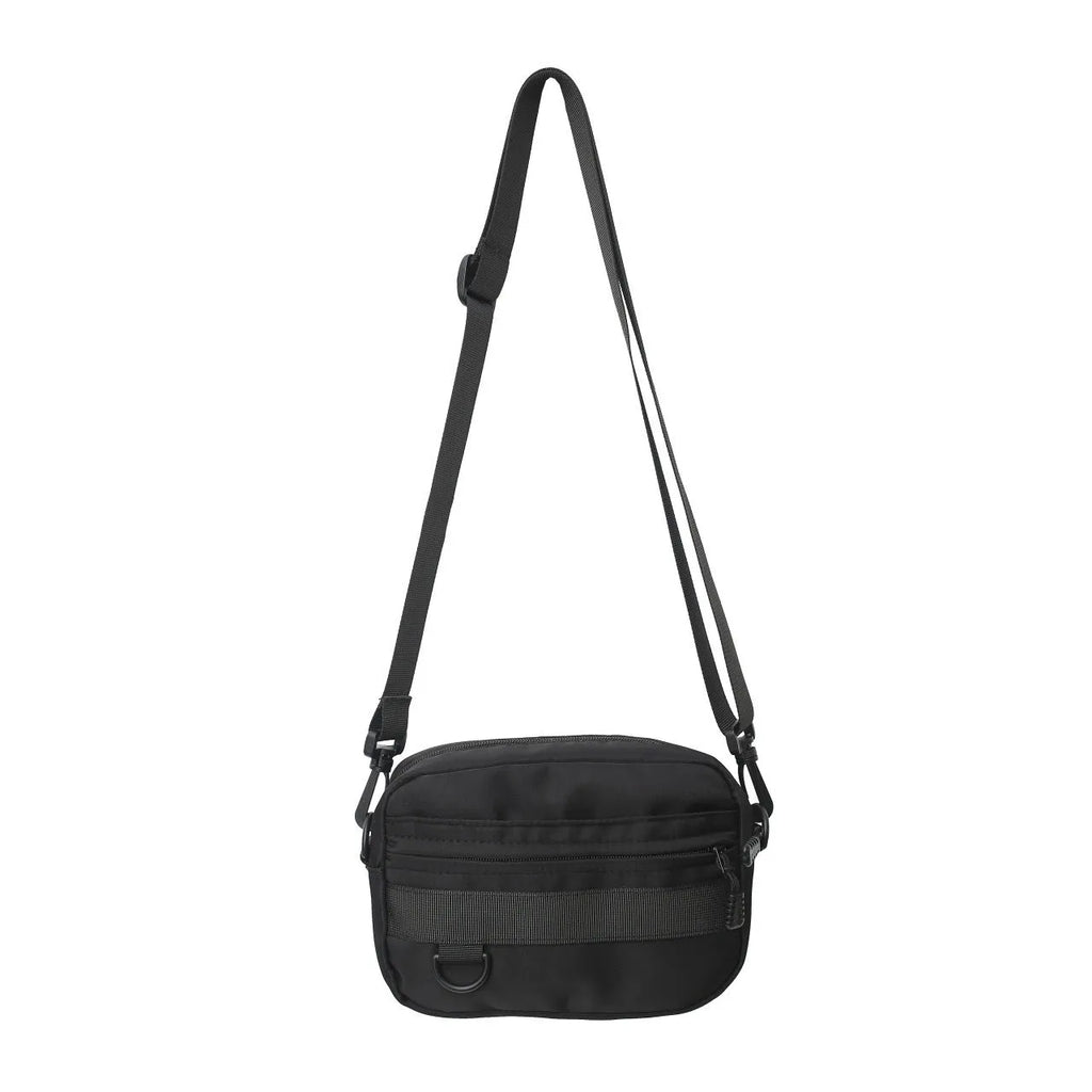 Men's black crossbody messenger bag with visible sewing thread details, shown with dimensions of 22cm length