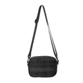 Men's black crossbody messenger bag with visible sewing thread details, shown with dimensions of 22cm length