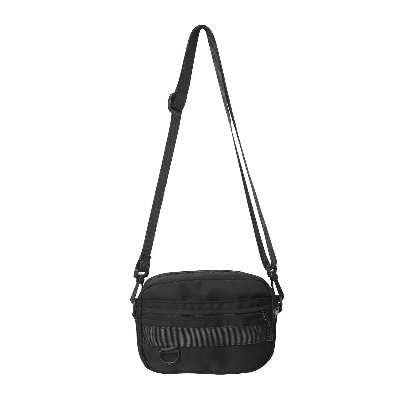 Men's black crossbody messenger bag with visible sewing thread details, shown with dimensions of 22cm length