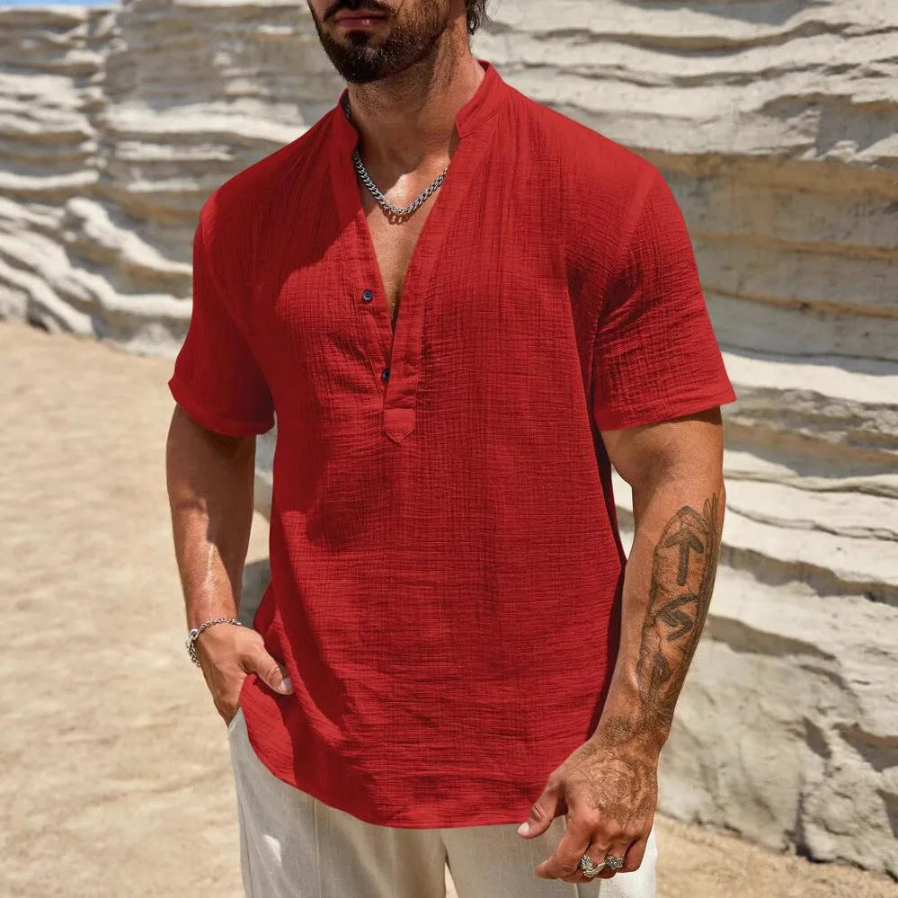 Men's solid colour short sleeve shirt with stand collar in thin chemical fibre blend fabric