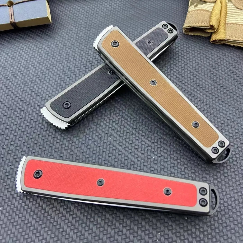 Folding fruit knife with stainless steel blade shown in open position with measurements