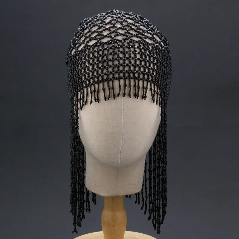 Handmade alloy belly dance hat with decorative mesh in silver or black options and 16.5cm tassels