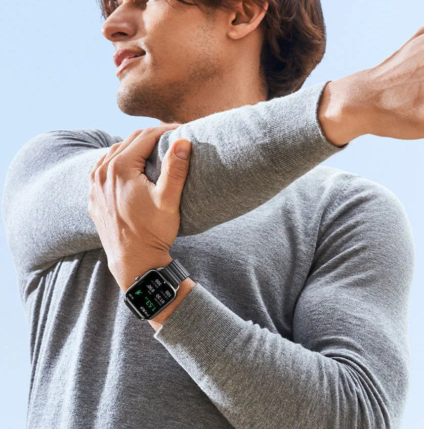 S4PLUS LS11 smartwatch with AMOLED display showing fitness metrics on screen