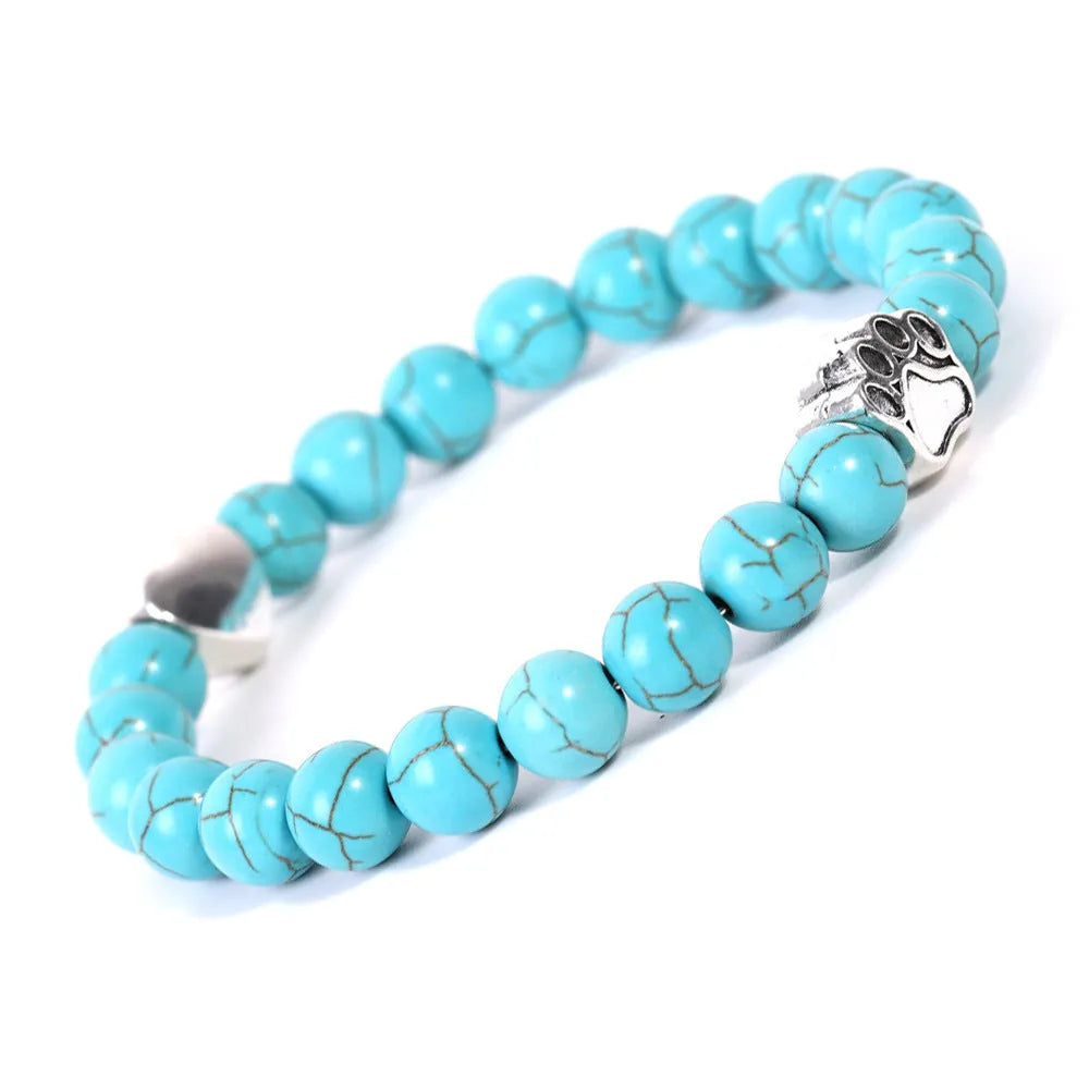 Indian Agate stone Dog's Paw bracelet with geometric Tigereye design and heart shape on round beads.