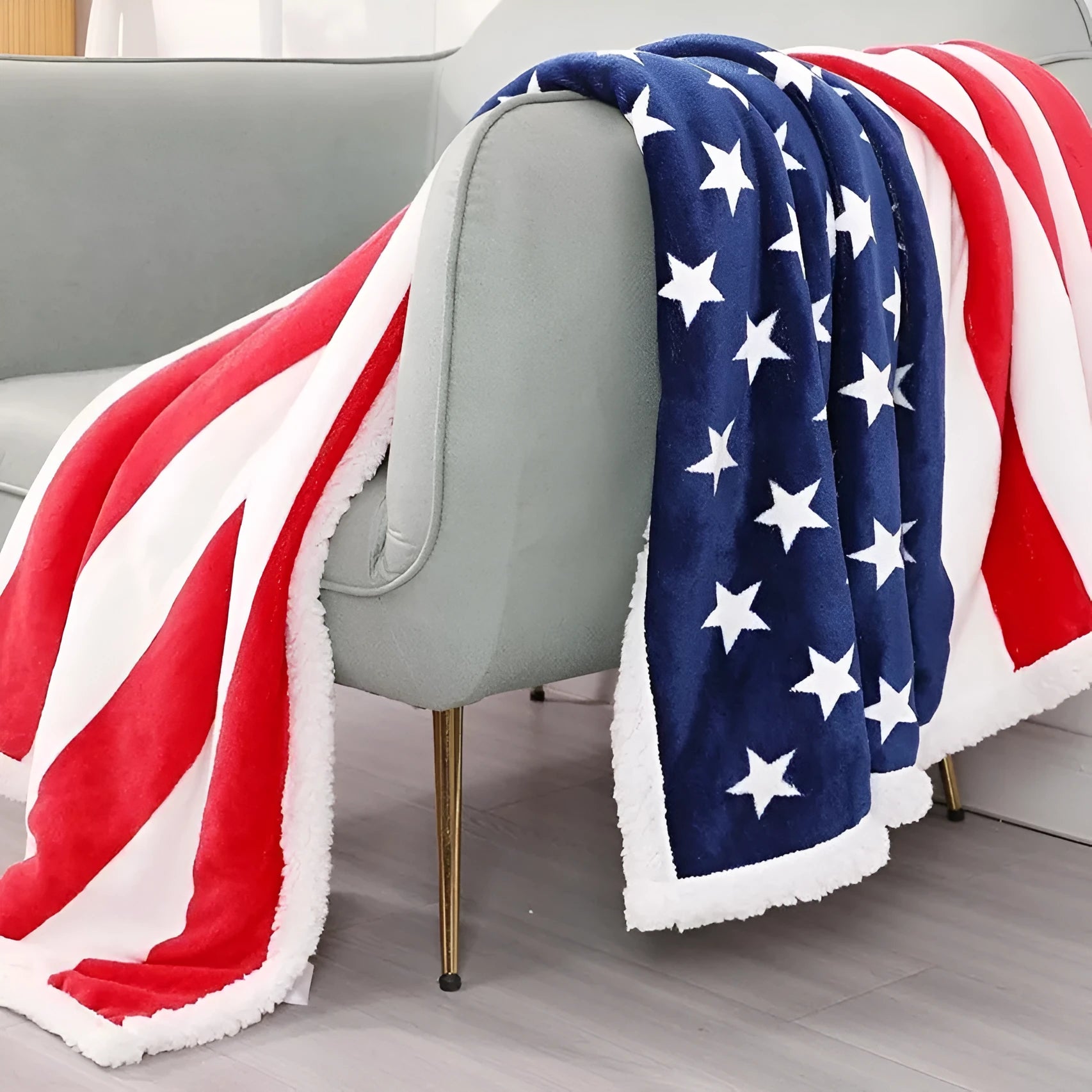 Striped polyester blanket in American style design showing three available size options