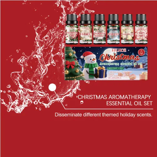 Christmas aromatherapy oil set showing six 60ml bottles and six 10ml bottles for festive home fragrance
