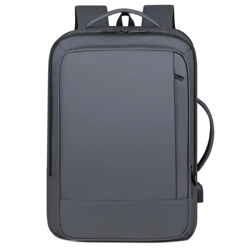 Men's large capacity waterproof backpack in black or grey with curved shoulder strap for business travel
