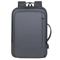 Men's large capacity waterproof backpack in black or grey with curved shoulder strap for business travel