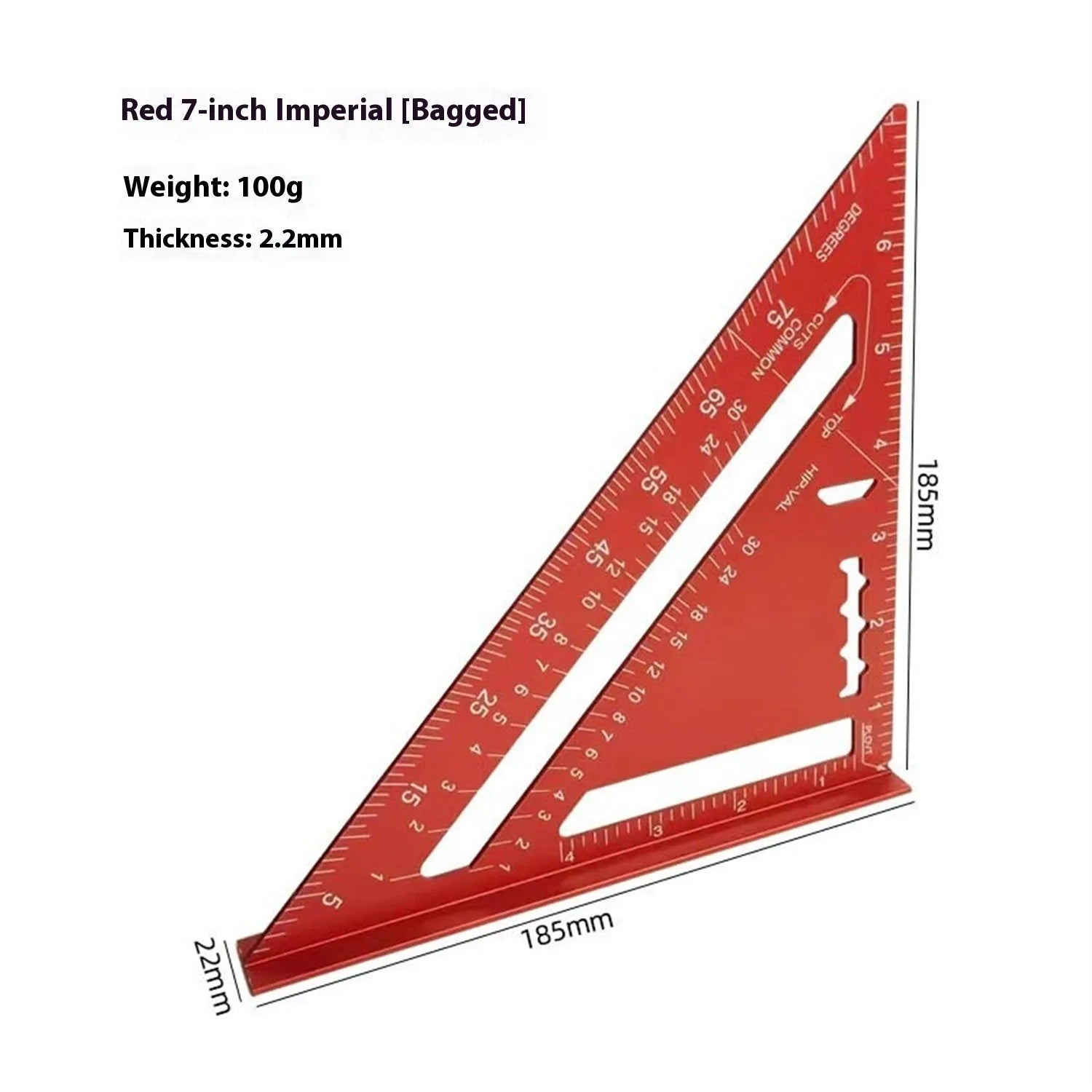 Red metal combination angle ruler with metric measurements and transparent storage bag