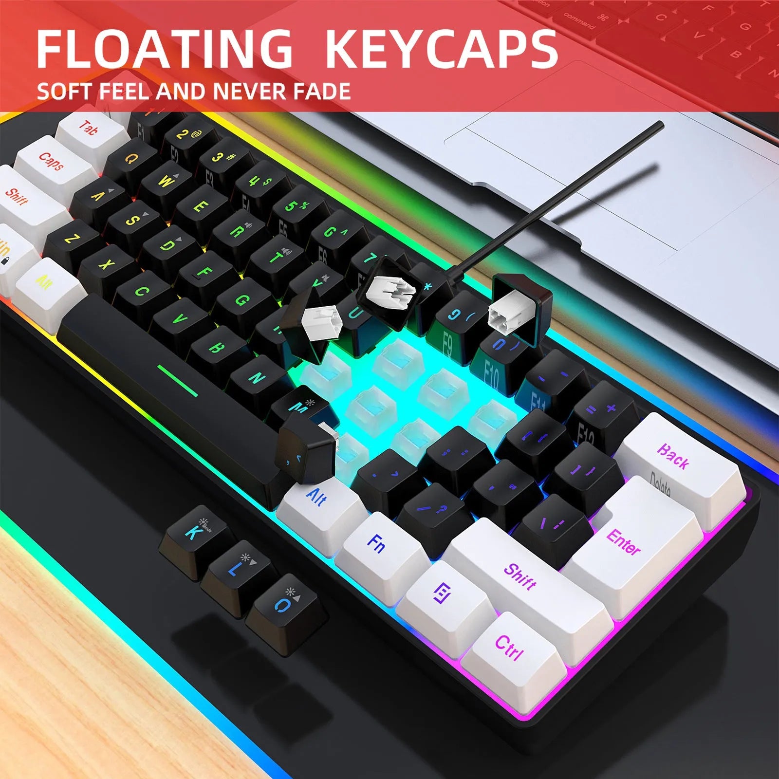 Simple wired 61-key membrane keyboard in white and black colour with compact dimensions and USB cable